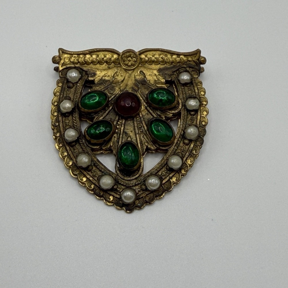 Vintage Art Deco Dress Clip 30's Gold Green Brown Boho Antique Brass Made France